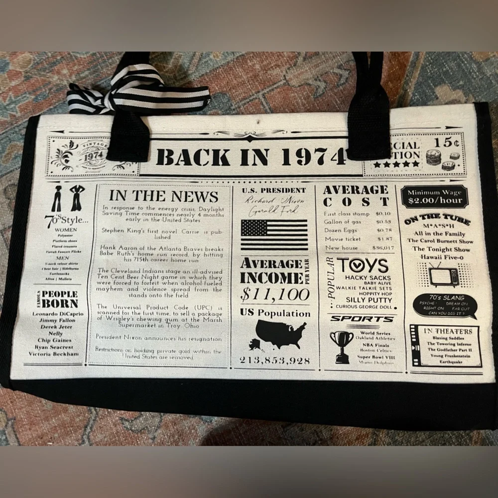 NWT “1974 Vintage, Back in 1974” Large Canvas Tote Bag Black & White Bow Detail